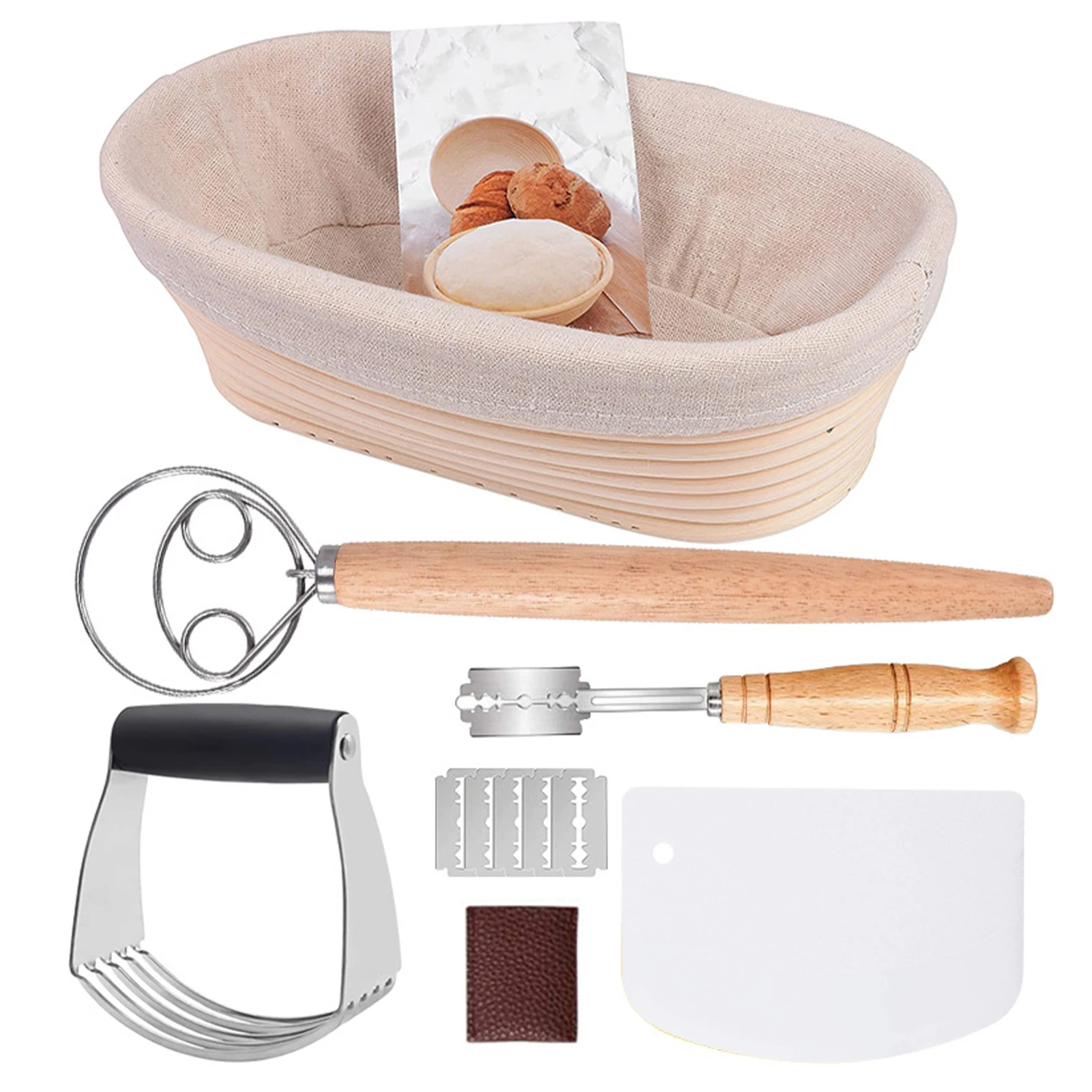 12pcs Restaurant Ergonomic Dough Scraper Labor Saving Durable Easy Clean Bread Proofing Basket Set With Liner Cloth Leather Case
12pcs Restaurant Ergonomic Dough Scraper Labor Saving Durable Easy Clean Bread Proofing Basket Set With Liner Cloth Leather Case