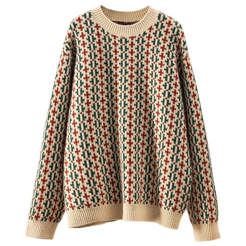High Quality Thick 100% Cashmere Pullover Sweater Women LOOSE O-Neck Vintage Geometric Winter Warm Fashion Tops 2022 Women
High Quality Thick 100% Cashmere Pullover Sweater Women LOOSE O-Neck Vintage Geometric Winter Warm Fashion Tops 2022 Women