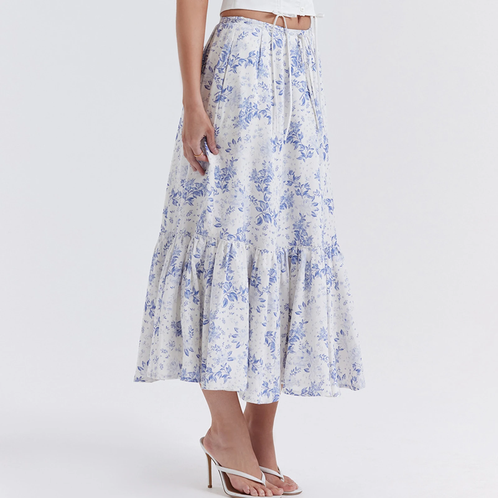 

Юбка-миди Женская плиссированная до середины икры, элегантная голубая юбка с цветочным принтом для отпуска, в стиле ретро, на лето