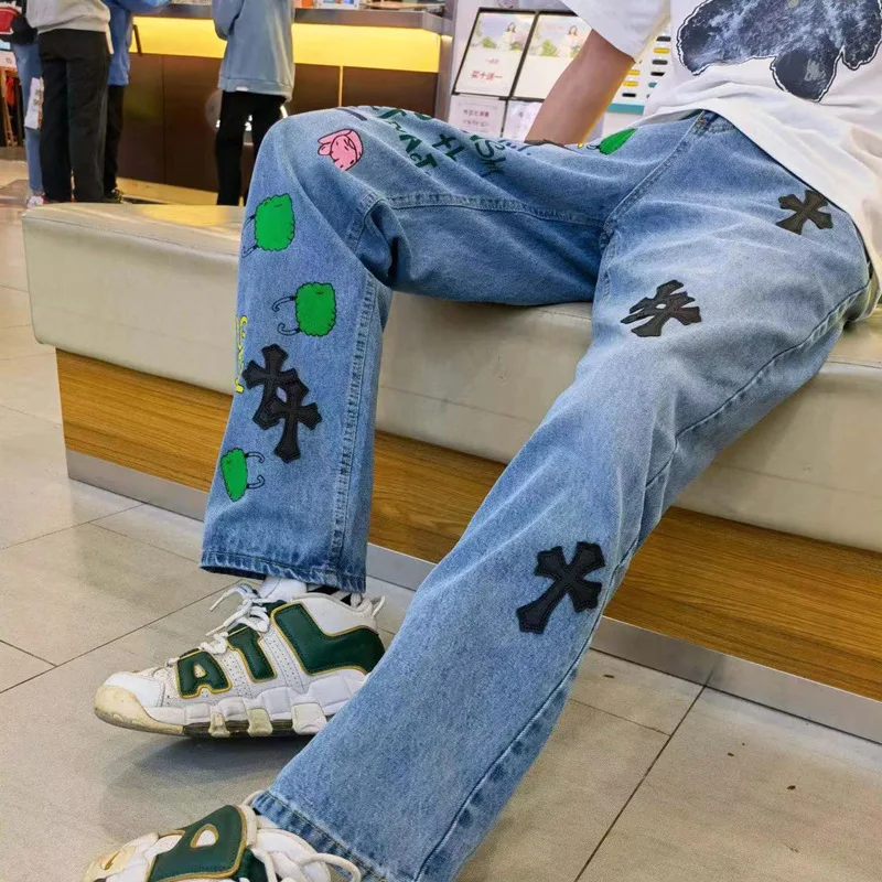 

Mainland China Button Fly Plaid HIP HOP Casual Spring and Autumn MEN Cotton JEANS Light Straight MID Straight Midweight