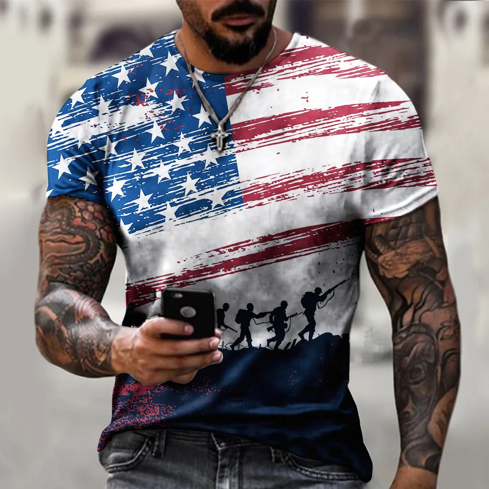 

Stranger Things 2023Summer New Men Oversized Vintage Short Sleeve T-shirts Mens O Collared Star Striped Flag Print T Shirt Homme