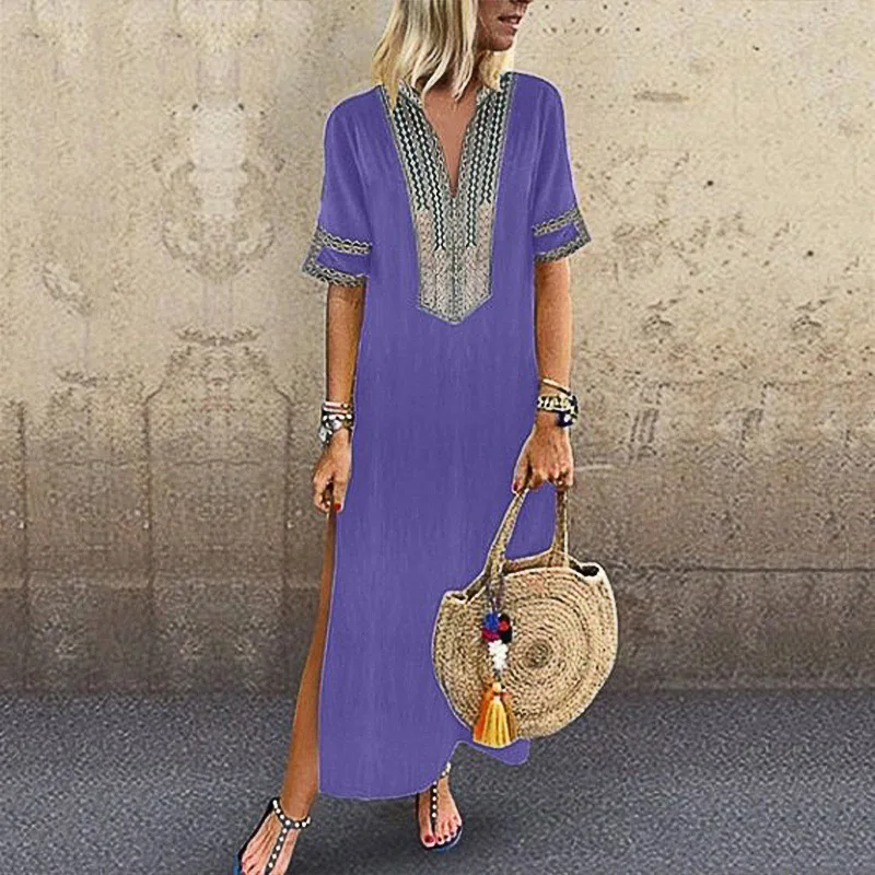 

Ethnic Style Print Deep Neckline Dress Plus Size 5xl Women Sukienka Open Side Dress Thigh Slit Short Sleeve Casual Maxi Dress