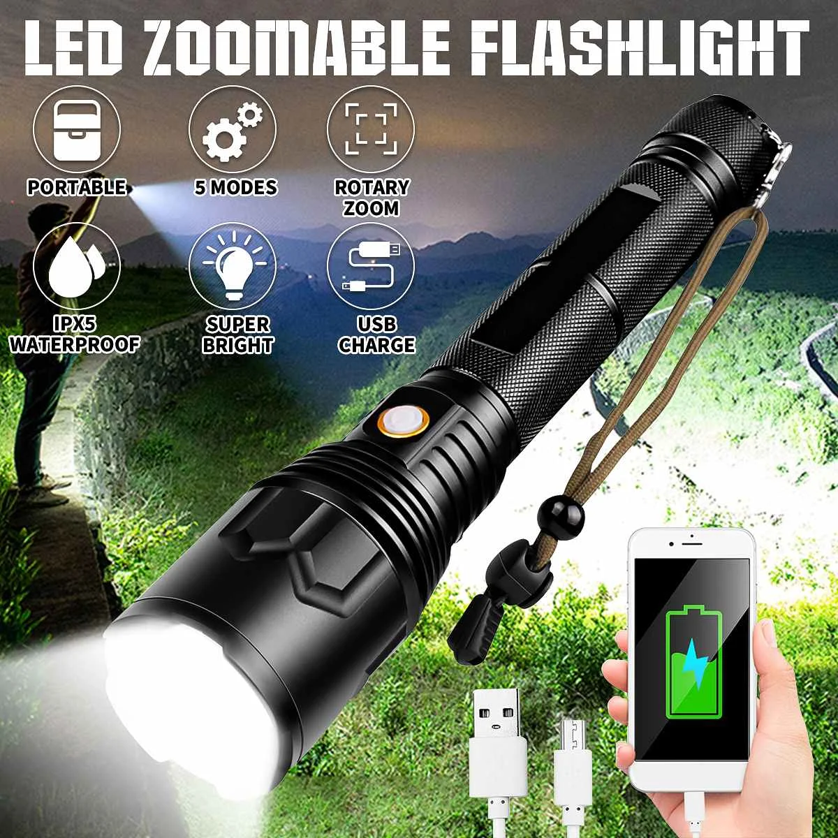 900000 LM Led Flashlight XHP70.2 LED Tactical Hunting Torch Usb Rechargeable Zoomable Lantern 26650 Battery
900000 LM Led Flashlight XHP70.2 LED Tactical Hunting Torch Usb Rechargeable Zoomable Lantern 26650 Battery