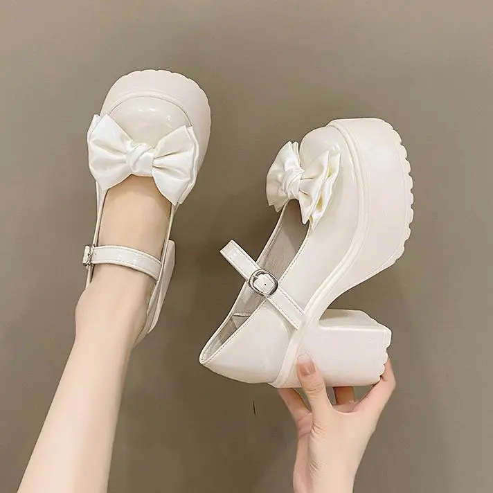 

White Platform High Heels Women Mary Jane Chunky Heel Shoes Bows Elegant Woman Heeled Pumps Round Toe Shoes Women's Wedding Shoe