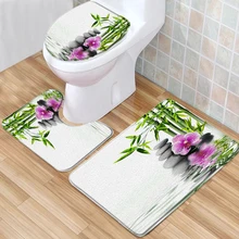 Set of 3 Zen Bathroom Rugs Flowers Green Bamboo Stone Nature Scenery Low Pile Memory Foam Bath Mat Toilet Cover U-Shaped Carpet