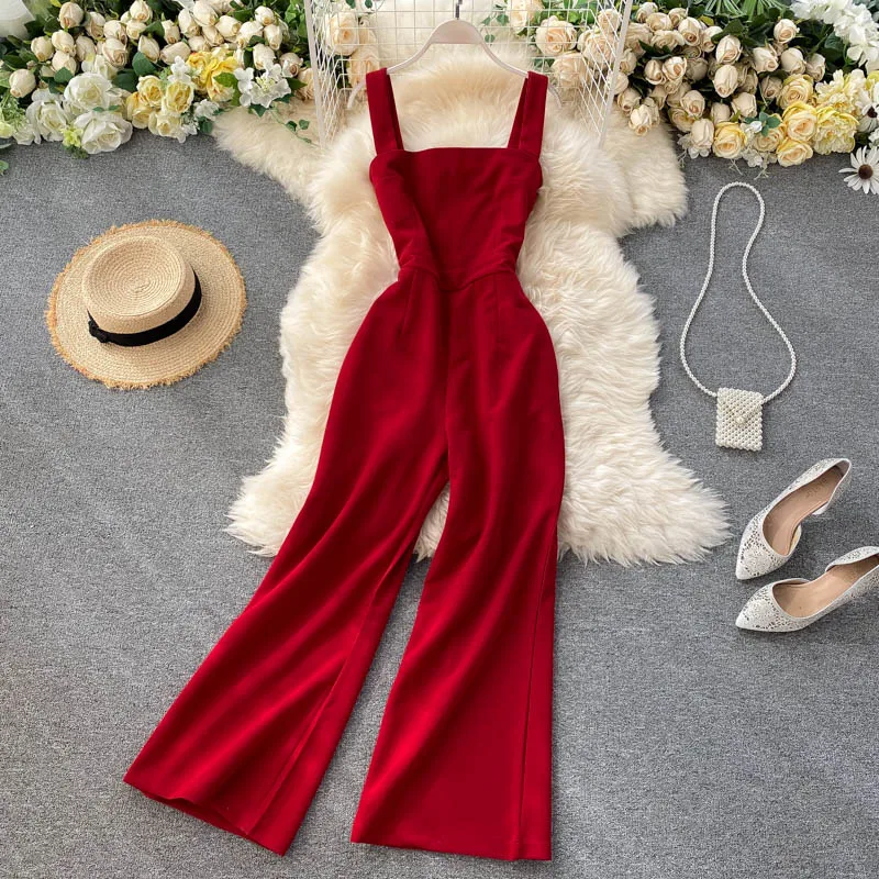 Female Long Trousers 2022 New Fashion Solid Color Elegant Simple Sleeveless Strap Slim Waist Straight Wide Leg Jumpsuits Red
Female Long Trousers 2022 New Fashion Solid Color Elegant Simple Sleeveless Strap Slim Waist Straight Wide Leg Jumpsuits Red