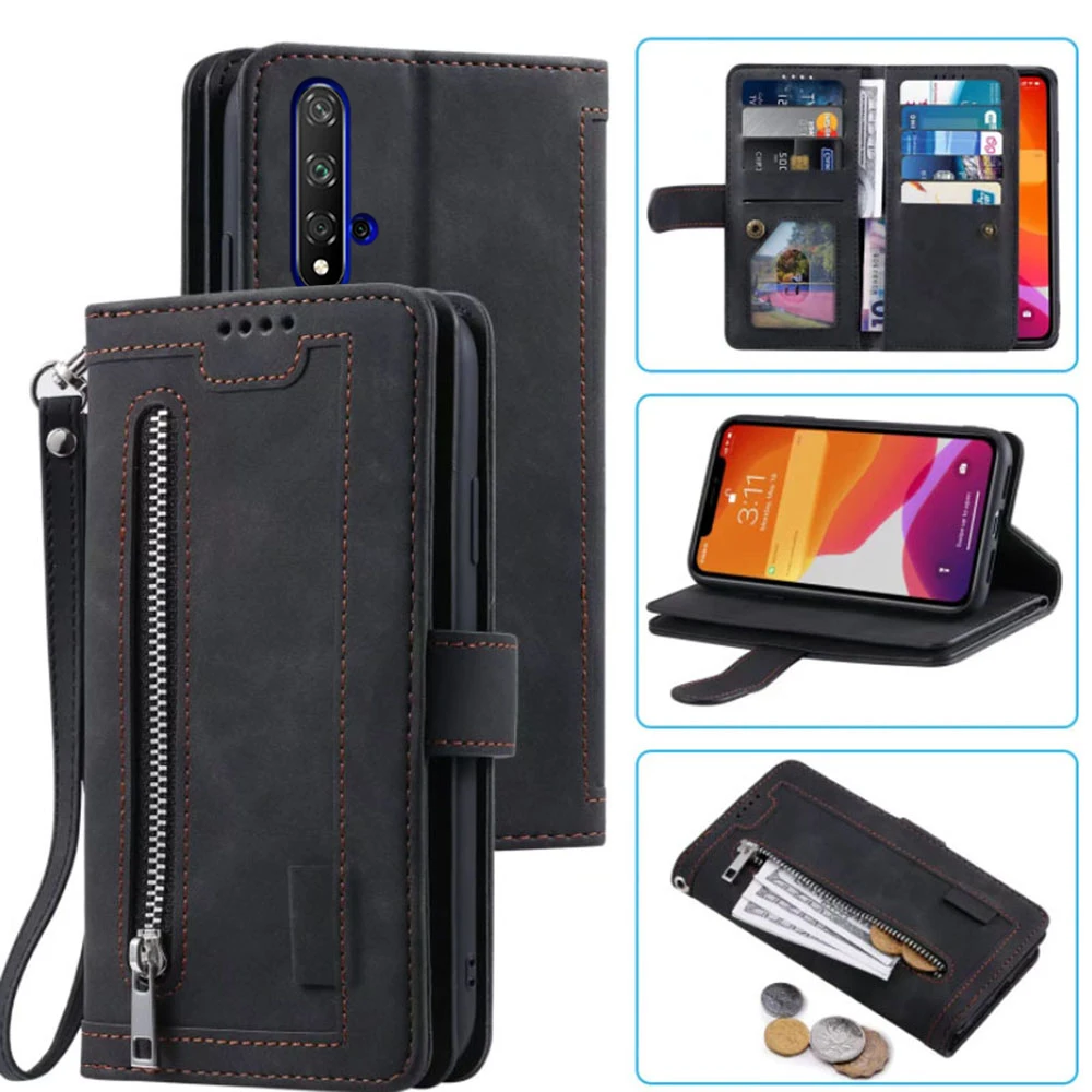 

Чехол-бумажник с 9 отделениями для карт для Huawei P Smart Pro 2019 Y9s, чехол для телефона с отделением для карт, флип-чехол на молнии с ремешком на запястье для Honor 9X Pro