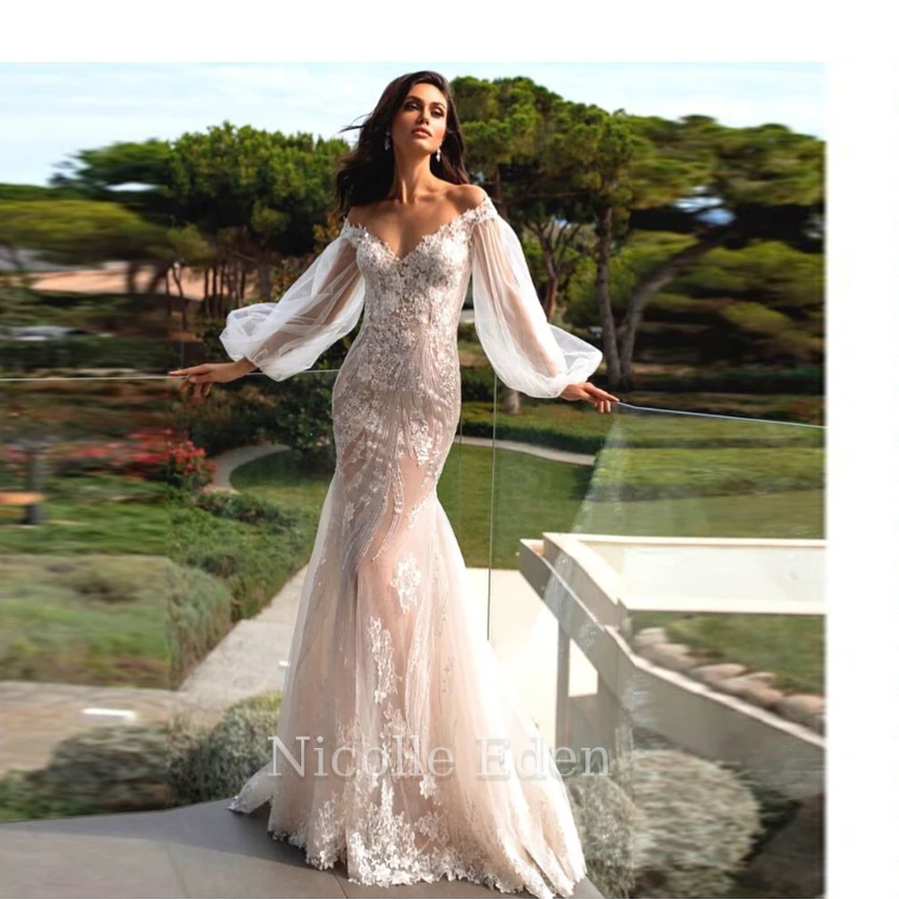 Nicolle Eden Long Puff Sleeve Mermaid Wedding Dresses For Bride Lace Appliques Tulle Gown Vestido De Casamento Custom Made
Nicolle Eden Long Puff Sleeve Mermaid Wedding Dresses For Bride Lace Appliques Tulle Gown Vestido De Casamento Custom Made