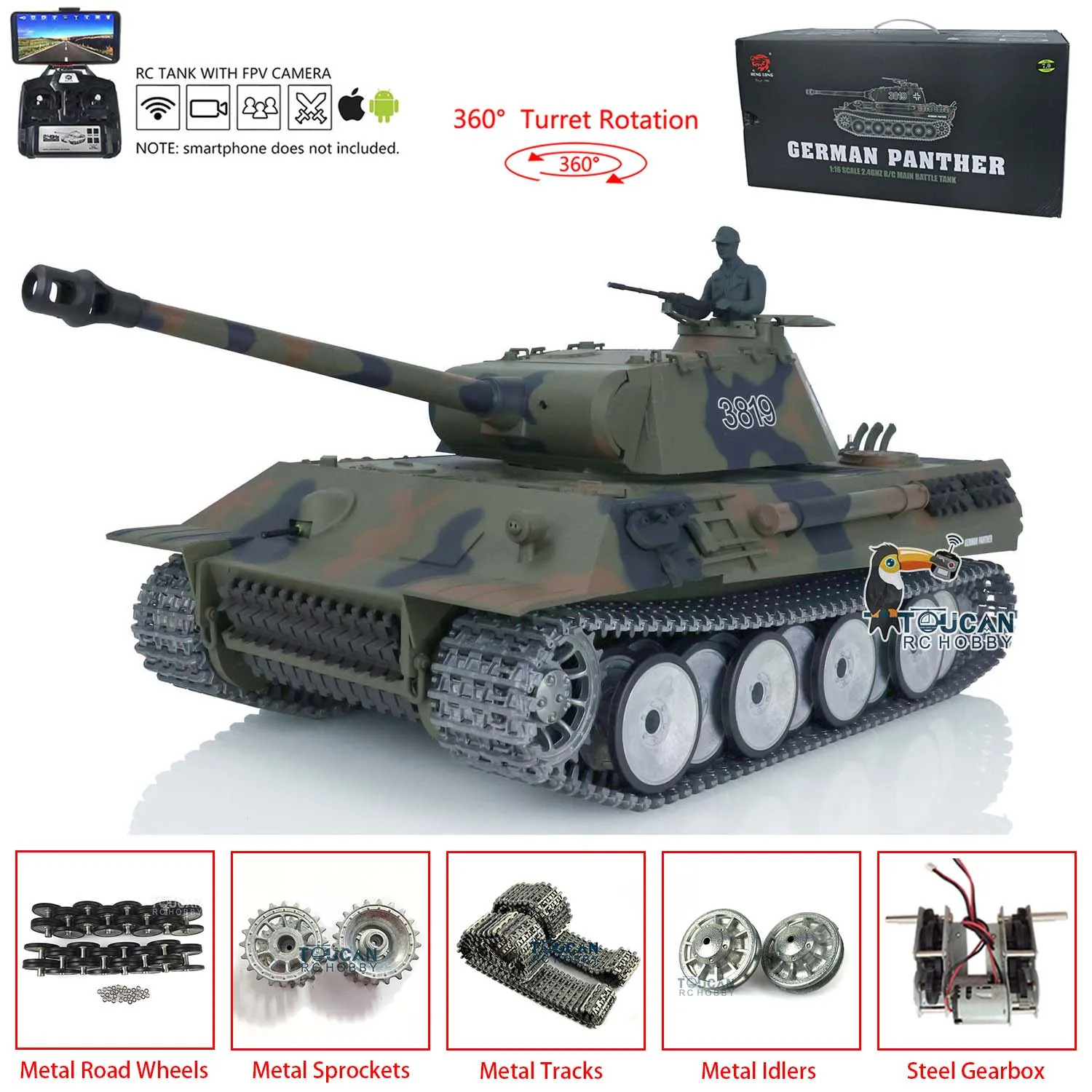 1/16 Heng Long TK7.0 Customized Ver Panther Radio Control RC Tank 3819 RTR Model Metal Tracks Wheel FPV Mobile Phone Holder
1/16 Heng Long TK7.0 Customized Ver Panther Radio Control RC Tank 3819 RTR Model Metal Tracks Wheel FPV Mobile Phone Holder