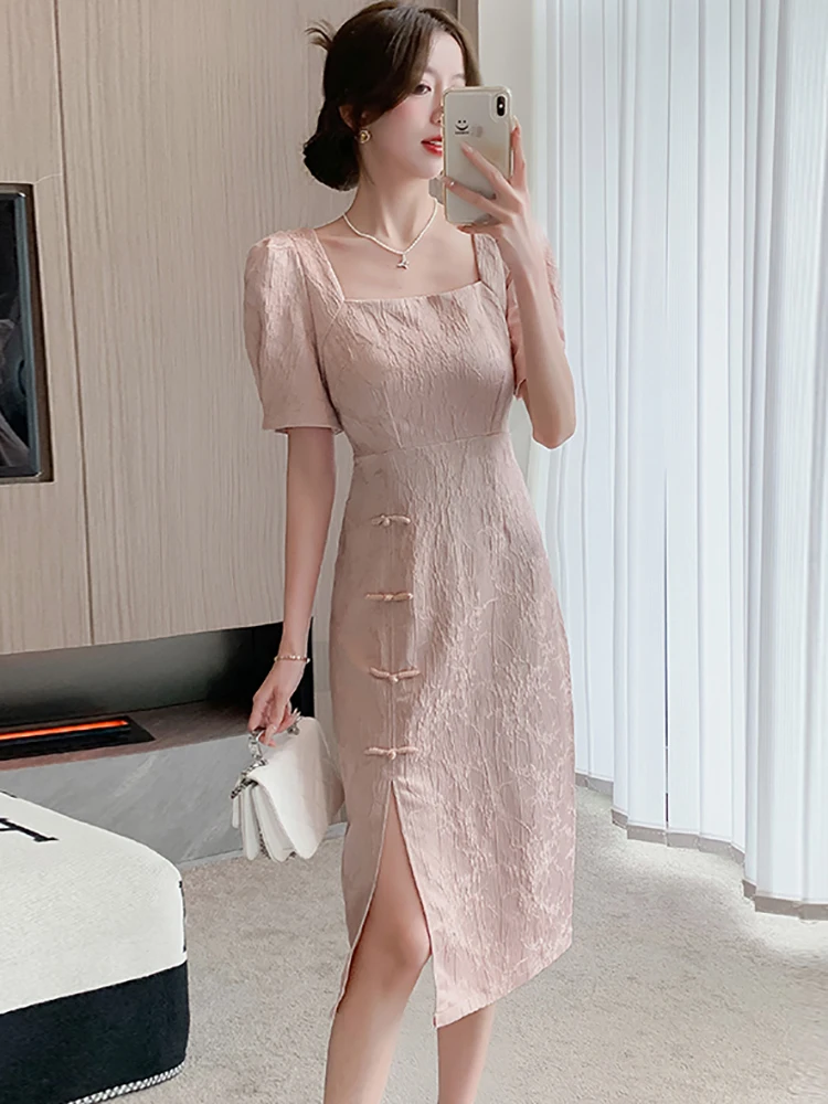 

Женское жаккардовое платье миди с квадратным вырезом, розовое винтажное платье в стиле Хепберн черного цвета с коротким рукавом, элегантное платье для выпускного вечера, лето 2023