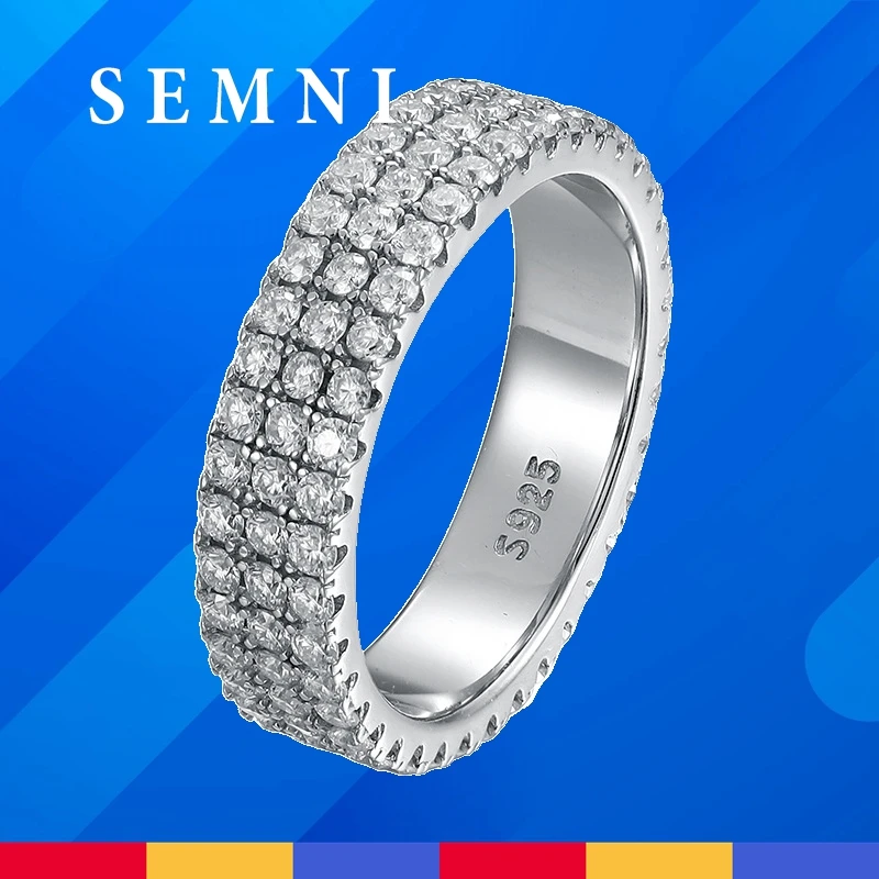 

SEMNI 3mm 2mm 1.5mm All Moissanite Diamond Three Row Double Row Ring for Women Men 925 Sterling Silver Romantic Band Gift