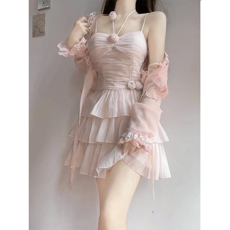 

Two Pieces Set Pink Sexy Y2k Aesthetic Fairy Ball Gown Camisole Dress+Japanese Women Sweet Grunge Fashion Long Sleeve Cardigans