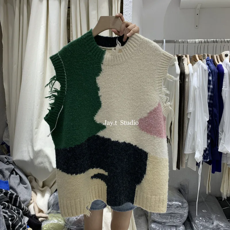 N GIRLS Pullover Knitted Wool O Neck Autumn and Winter Korean-Style Loose All Match Contrasting Color Sweater Vest Women 
N GIRLS Pullover Knitted Wool O Neck Autumn and Winter Korean-Style Loose All Match Contrasting Color Sweater Vest Women
