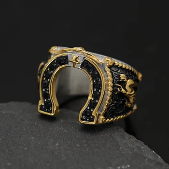 Hip Hop Black Stone Paved Bling Stainless Steel Horseshoe Shape Finger Rings for Men Rapper Jewelry Gold Color Drop Shipping