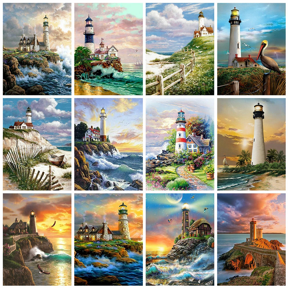 

5D Diy Diamond Painting Seaside Lighthouse Full Rhinestones Embroidery Mosaic Art Cross Stitch Kits Home Decor New Arrivals 2023