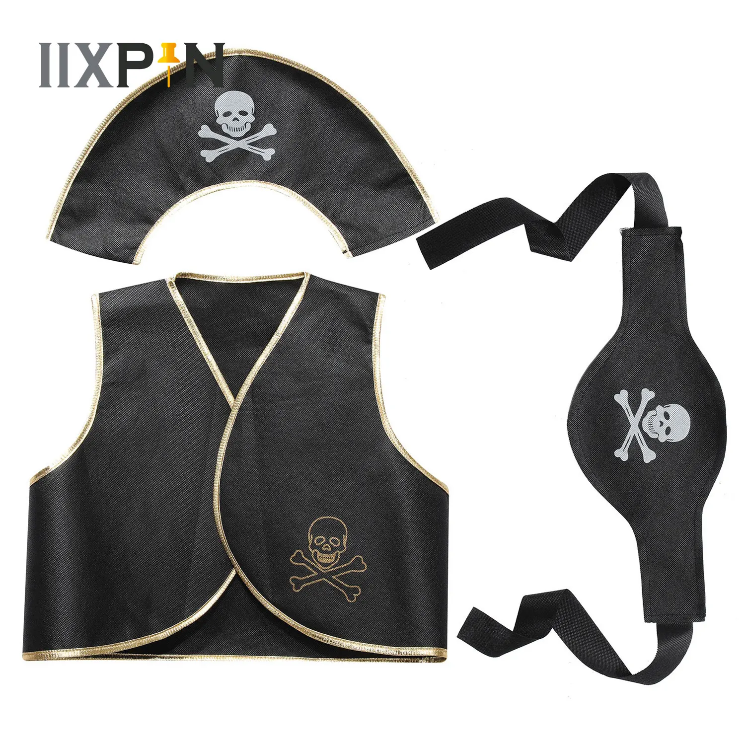 

Halloween Pirate Costume Props Skull Print Eyeshade Vest Hat Belt/Eyeshade Earring Cap Set Kids Masquerade Theme Captain Outfits