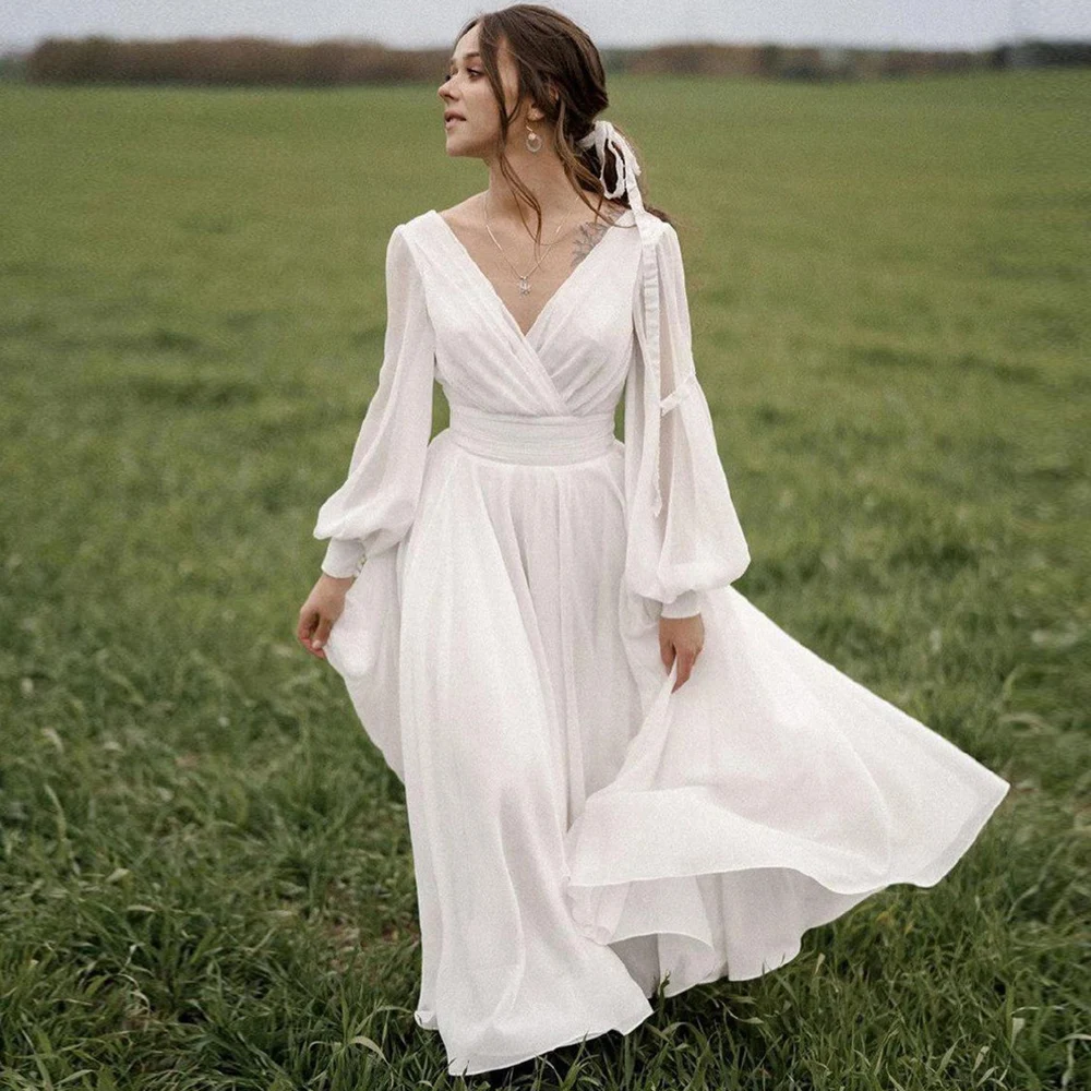 Simple Wedding Dress A Line Puffy Sleeves V Neck Classic Wedding Gown Backless Pleat Pearl Buttons Ankle Length Bridal Dress
Simple Wedding Dress A Line Puffy Sleeves V Neck Classic Wedding Gown Backless Pleat Pearl Buttons Ankle Length Bridal Dress