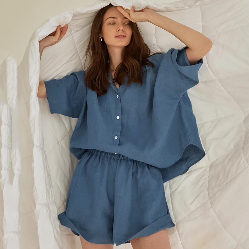 New Cotton Linen Shirt Pajamas Three-quarter Sleeve Outer Wear Shorts Suit Foreign Trade Ladies Home Clothes
New Cotton Linen Shirt Pajamas Three-quarter Sleeve Outer Wear Shorts Suit Foreign Trade Ladies Home Clothes
