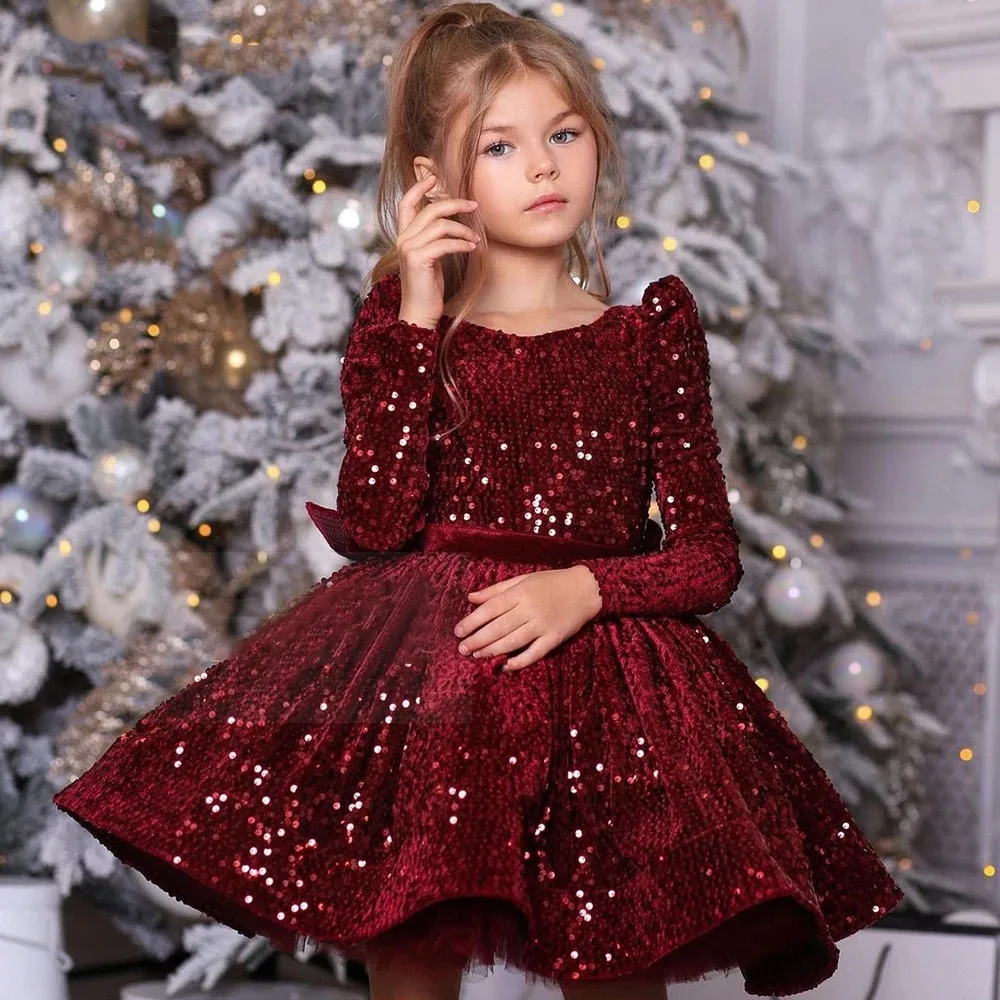 

Sequin Burgundy Baby Girl Dress Velvet Full Sleeves Knee Length Flower Girl Dress For Girls Birthday Bow Puffy First Communion