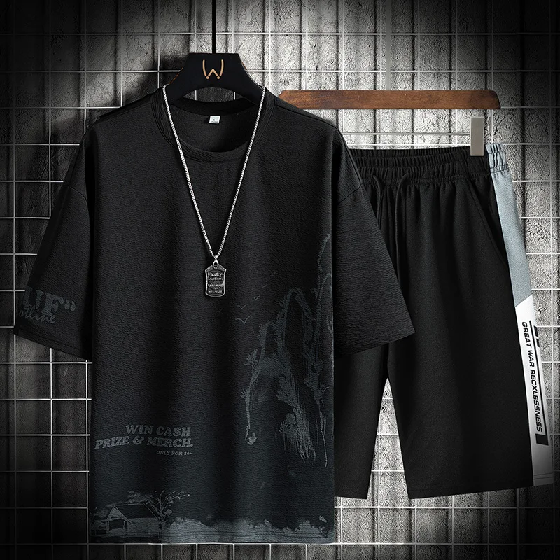 

Комплект из 2 предметов мужской, дышащая футболка и шорты, модный спортивный костюм в Корейском стиле, футболка с принтом и шорты, лето