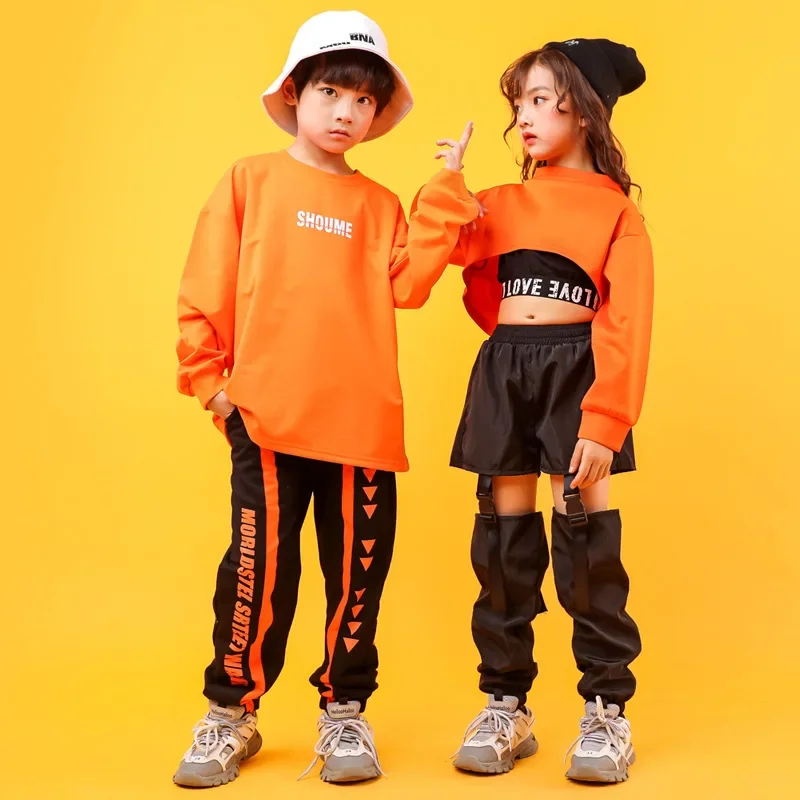 

Causal Pants For Girl Boys Jazz Dance Costume Clothes Outfits Kids Hip Hop Clothing Orange Sweatshirt T Shirt Top Crop Hollow