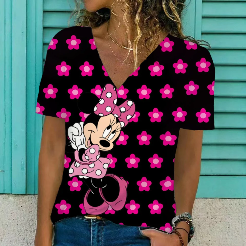 Футболка женская с коротким рукавом, модная Свободная рубашка с рисунком Диснея, Минни, Микки, розовый цветок, летняя одежда 
Футболка женская с коротким рукавом, модная Свободная рубашка с рисунком Диснея, Минни, Микки, розовый цветок, летняя одежда
