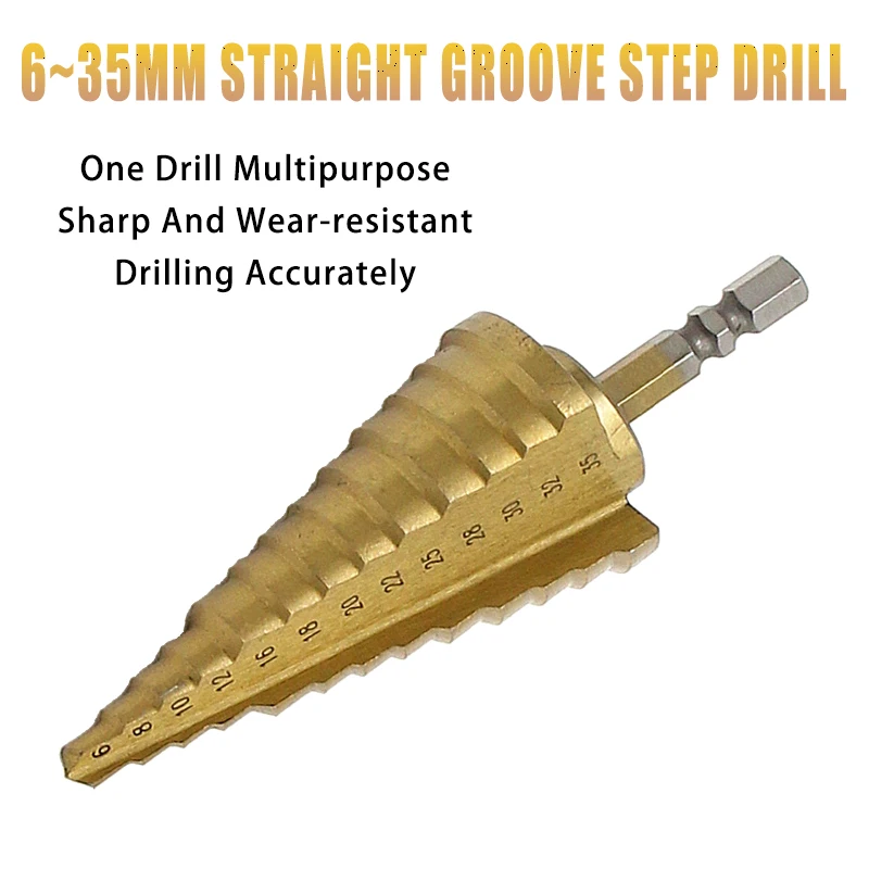 6-35mm HSS Titanium Coated Step Drill Bit Drilling Power Tools Metal 13 Step High Speed Steel Wood Hole Cutter Step Cone Drill 
6-35mm HSS Titanium Coated Step Drill Bit Drilling Power Tools Metal 13 Step High Speed Steel Wood Hole Cutter Step Cone Drill