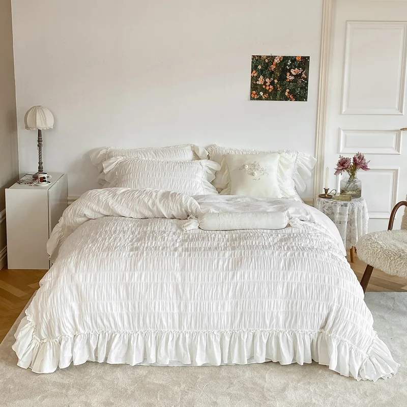 White 40S Yarn Dyed Washed Cotton Princess Skirt ding Set Bubble Ruffles Quilt/Duvet Cover Linen Bedspread Pillowcase
White 40S Yarn Dyed Washed Cotton Princess Skirt ding Set Bubble Ruffles Quilt/Duvet Cover Linen Bedspread Pillowcase