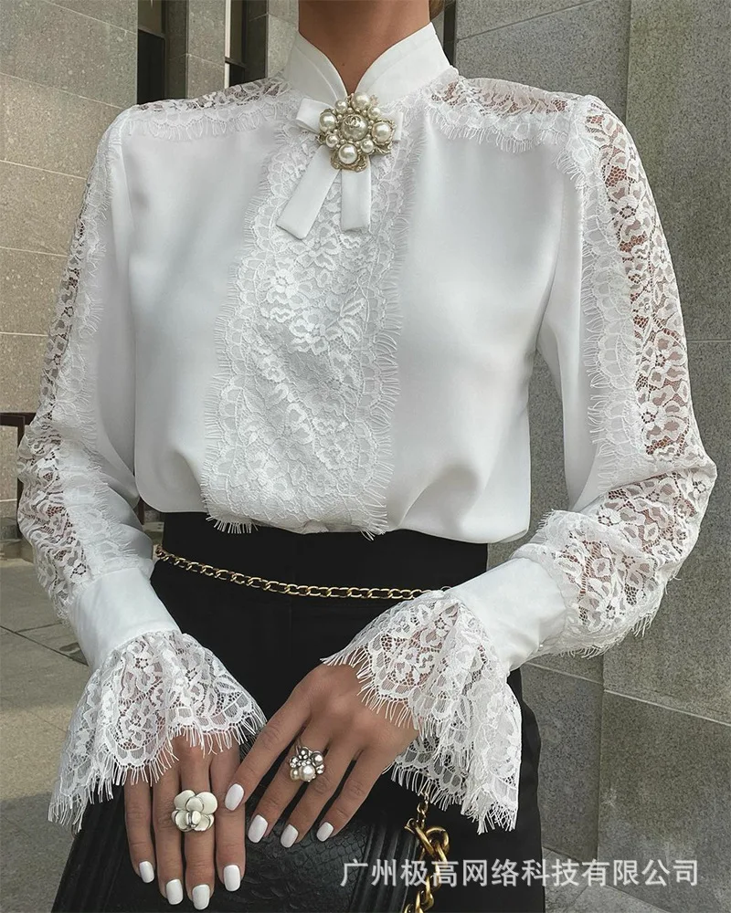 Women 2022 New Lace Stitched Trumpet Sleeve Top + Collar Accessories Fashion Elegant Office Lady Long Sleeve Woman Blouse
Women 2022 New Lace Stitched Trumpet Sleeve Top + Collar Accessories Fashion Elegant Office Lady Long Sleeve Woman Blouse