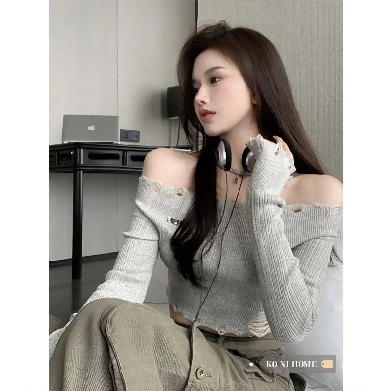 Женский винтажный свитер с вырезом лодочкой, однотонный трикотажный свитер в Корейском стиле с длинными рукавами и дырками для ранней осени 
Женский винтажный свитер с вырезом лодочкой, однотонный трикотажный свитер в Корейском стиле с длинными рукавами и дырками для ранней осени