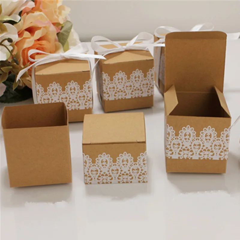 

10 шт. кружевная Подарочная коробка для конфет из крафт-бумаги с лентами Свадебная подарочная коробка мини для одного торта коробка для пече...