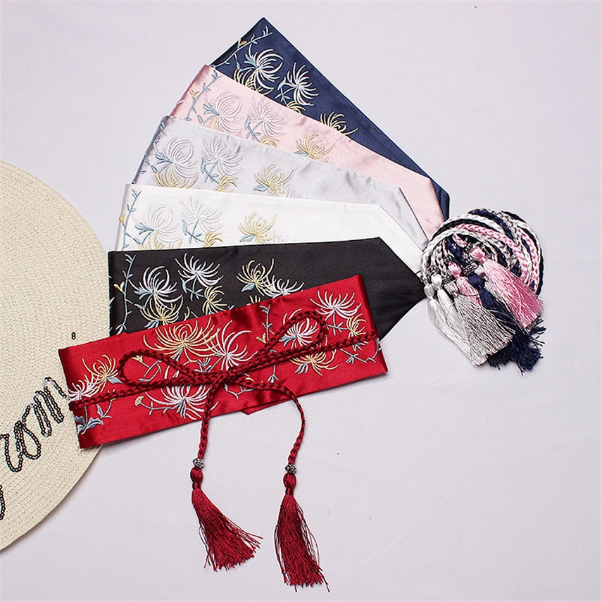 

Новинка 2022, винтажный пояс для ханьфу/кимоно, женский широкий атласный корсет с бахромой и вышивкой, с кисточкой Оби