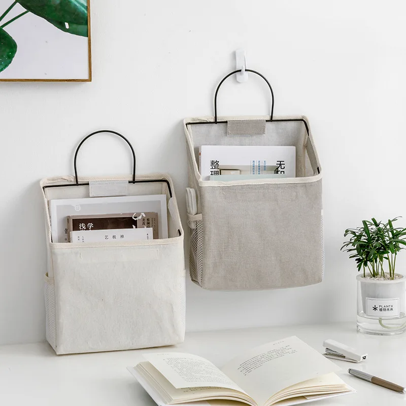 

Dormitory Wall Hanging Storage Bag Wall Door Wardrobe Table Top Fabric Cotton Linen Organizer Basket for Books CD Magazine