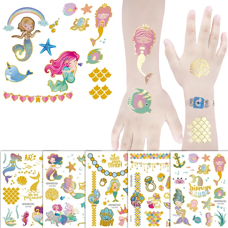 

Mermaid Bronzing Cartoon Children's Metallic Gold Body Temporary Flash Tattoos For Kids Glitter Tattoo cute Stickers