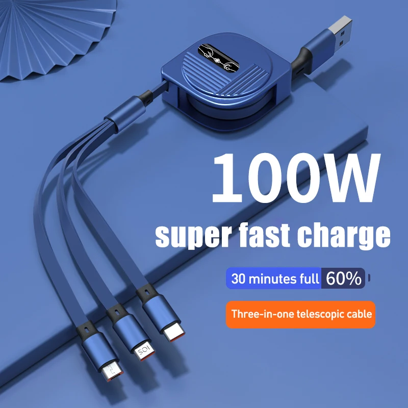 100W 3 In1 USB Charge Cable for Samsung Xiaomi Micro USB Type C Cable Retractable Fast Charging Cable For iPhone 13 Pro Max 1.2m
100W 3 In1 USB Charge Cable for Samsung Xiaomi Micro USB Type C Cable Retractable Fast Charging Cable For iPhone 13 Pro Max 1.2m