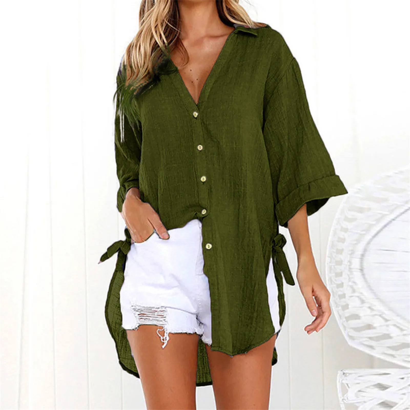 Women Blouse Tops Cotton Linen Short Sleeve Large Size Loose Casual Shirt Button Solid Color Top Summer Casual Blouses Blusas 
Women Blouse Tops Cotton Linen Short Sleeve Large Size Loose Casual Shirt Button Solid Color Top Summer Casual Blouses Blusas