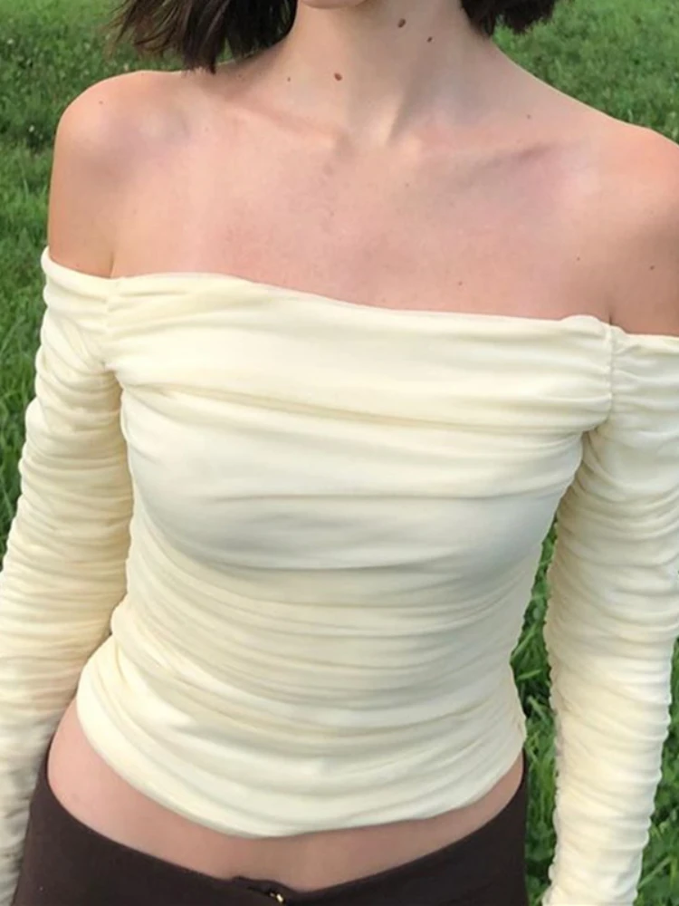 Mesh Crop Top Trumpet Long Sleeve Tshirts Women's Fashion Solid Color One Shoulder Tops Sexy Navel Pleated Tee Sweet Y2k Clothes
Mesh Crop Top Trumpet Long Sleeve Tshirts Women's Fashion Solid Color One Shoulder Tops Sexy Navel Pleated Tee Sweet Y2k Clothes
