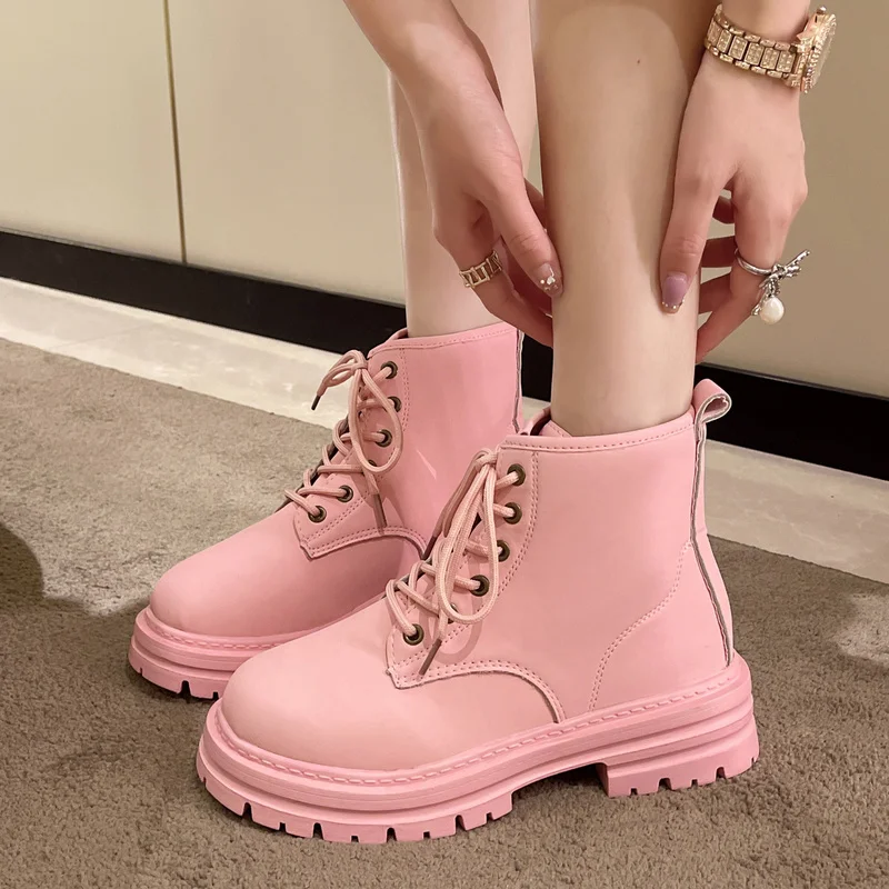 

Rimocy 2022 New Pink pu Leather Women Short Boots Autumn Round Toe Lace Up Shoes for Woman Med Heels Platform Ankle Botas Mujer