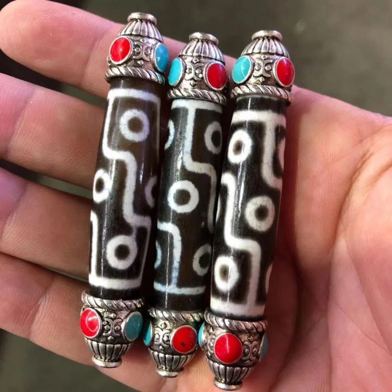 

925 Tibetan Silver Inlaid Tibetan Style Prayer Beads Le Pendant Dzi Agate Inlaid Tibetan Silver 9 Eyes Sky Beads One Piece Drops