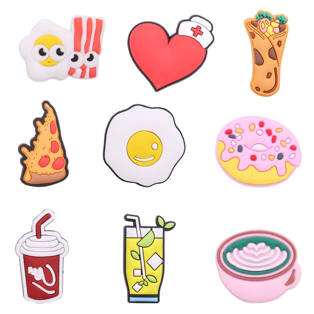 

1-9Pcs Food Pizza Donut Drink Cola Shoe Charms PVC Sandals Shoes Croc Jibz Buckle Clog Acessories Fit Wristband Adult Kids Gift