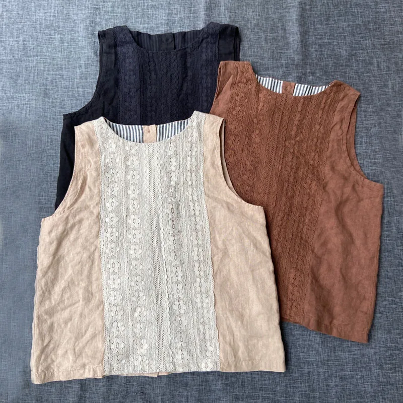 

Johnature Japanese Linen Sleeveless Women Vests 2023 Spring Summer New Patchwork Lace All Match Button Female Vests