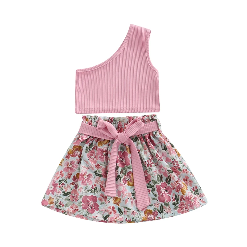 Kids Girls Casual Suit, Solid Color One Shoulder Tops+Floral Printed Short Skirt with Belt
Kids Girls Casual Suit, Solid Color One Shoulder Tops+Floral Printed Short Skirt with Belt