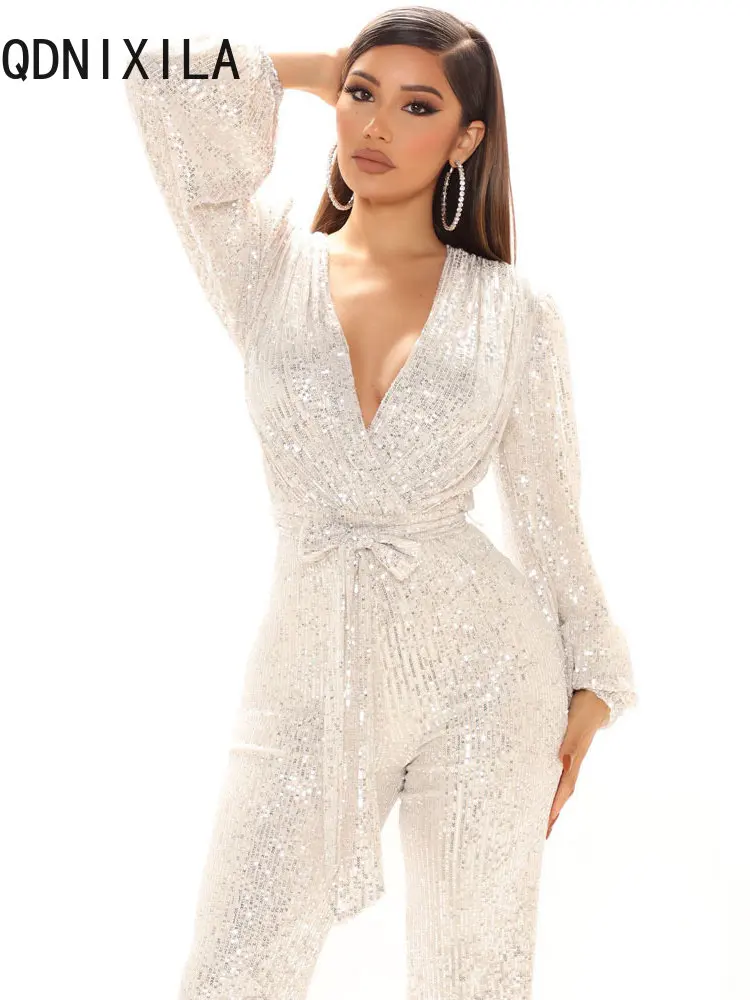 Spring Summer Jumpsuit Women Sexy V Neck Sequins Long Sleeve Playsuit Casual Belt Overalls Female Women Elegant Long Jumpsuits
Spring Summer Jumpsuit Women Sexy V Neck Sequins Long Sleeve Playsuit Casual Belt Overalls Female Women Elegant Long Jumpsuits