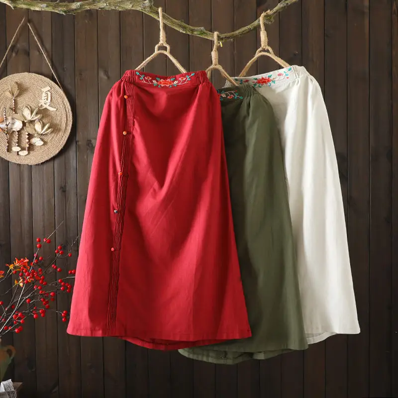 Color Button Cotton Linen Embroidered Skirts Large Size Women's Half Elastic Waist Mid-Length A-Line Skirt Mujer Faldas H1610
Color Button Cotton Linen Embroidered Skirts Large Size Women's Half Elastic Waist Mid-Length A-Line Skirt Mujer Faldas H1610
