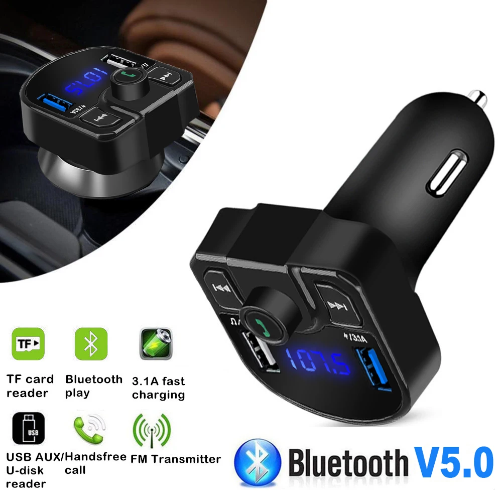 

3.1A USB AUX FM Transmitter Wireless Bluetooth Car Kit Handsfree Dual USB Phone Charger Car Cigarette Plug TF Card 3.5mm Audio