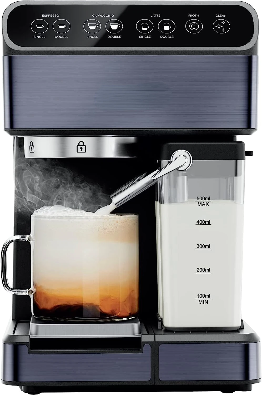 Espresso Machine with Steamer, Automatic One-Touch Coffee Maker, Single or Double Shot Cappuccino Machine, Latte Maker, Espresso
Espresso Machine with Steamer, Automatic One-Touch Coffee Maker, Single or Double Shot Cappuccino Machine, Latte Maker, Espresso
