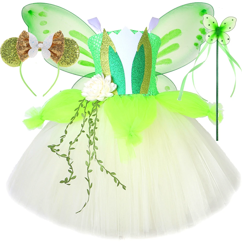 

Disney Frog Princess Tiana Costumes Girls Lotus Flowers Fairy Tutu Dress with Butterfly Wings Kids Christmas Halloween Outfits