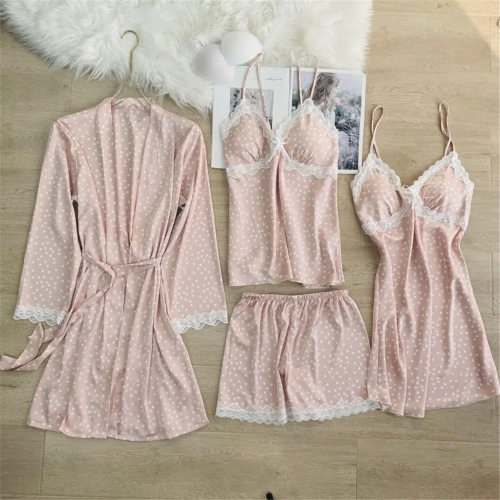Summer Sexy Polka Dot Printed Satin Robe Nightdress Sling Shorts 4/3/2/2/1 Women Homewear Pajamas Nightwear With Chest Pad 
Summer Sexy Polka Dot Printed Satin Robe Nightdress Sling Shorts 4/3/2/2/1 Women Homewear Pajamas Nightwear With Chest Pad