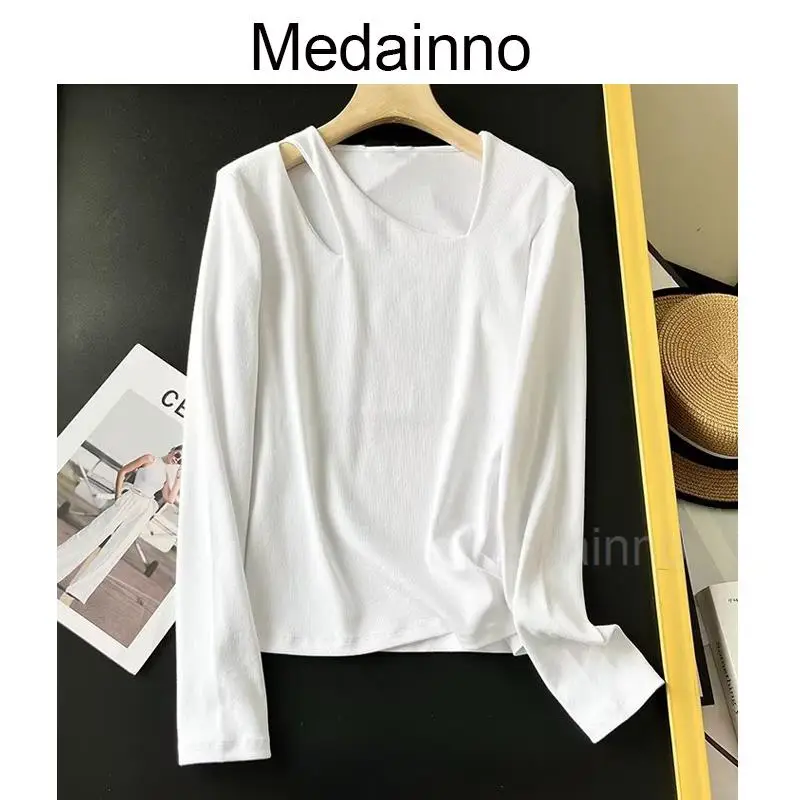 

Medainno 2023 Summer Fashion Women New Long Sleeve Ribbing Hollow T-shirt Versatile Solid Casual Simple Slim Tops Female Chic