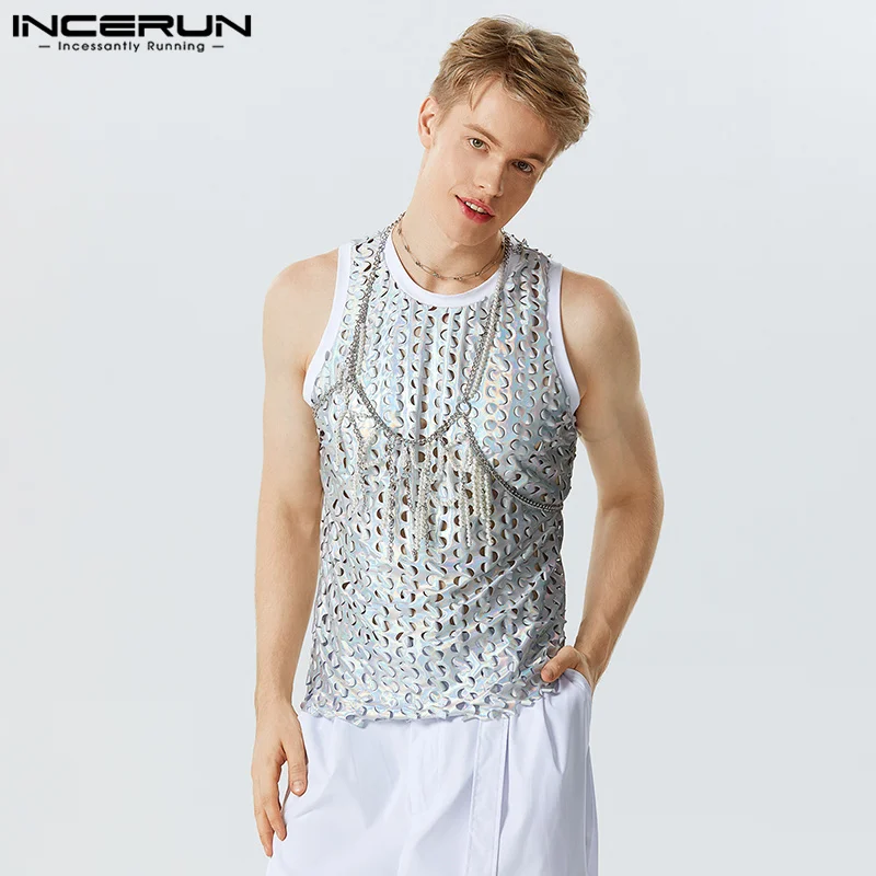 

Fashion Party Shows Style Tops INCERUN New Mens Shiny Coated Fabric Vests Casual Elastic Design Comfortable Waistcoat S-5XL 2023